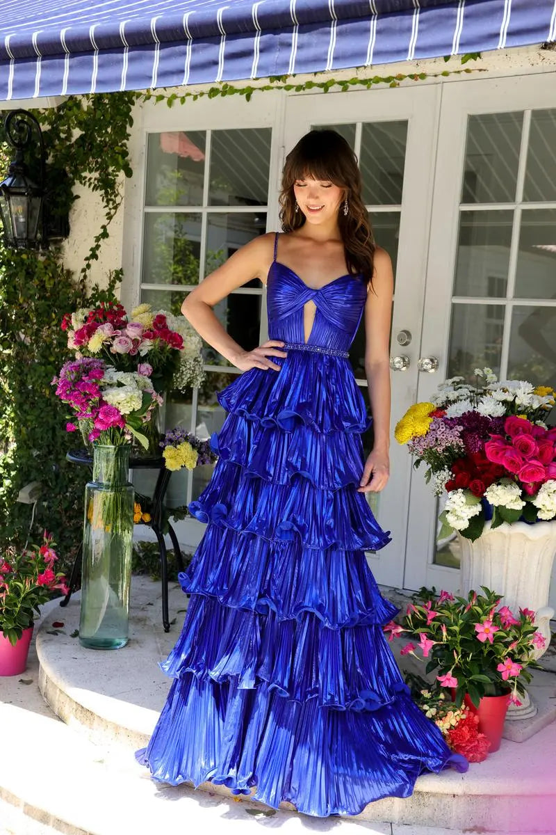 Dazzling A-Line Sweetheart Sleeveless Pleated Ruffled Royal Blue Long Prom Gown