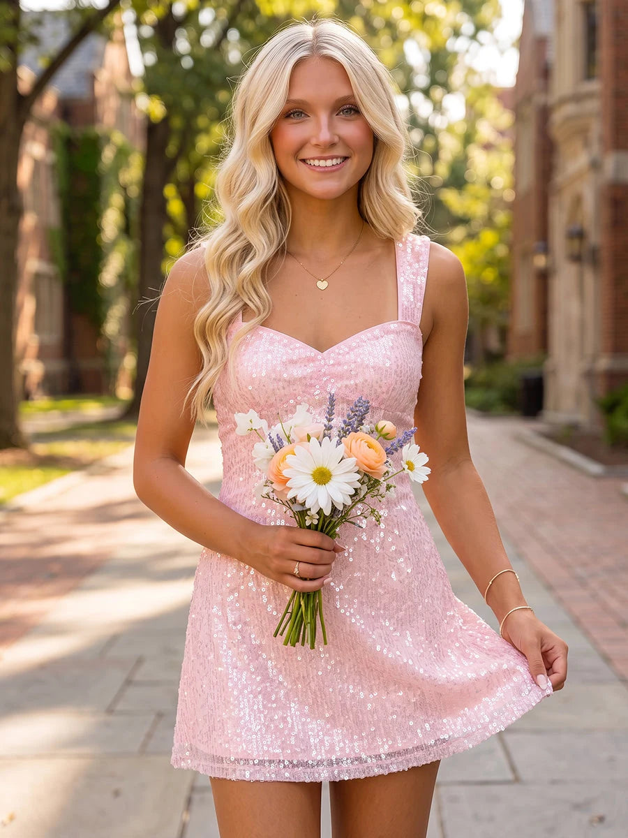 Dazzling A-Line Sweetheart Sleeveless Sequin Pink Short Homecoming Dress