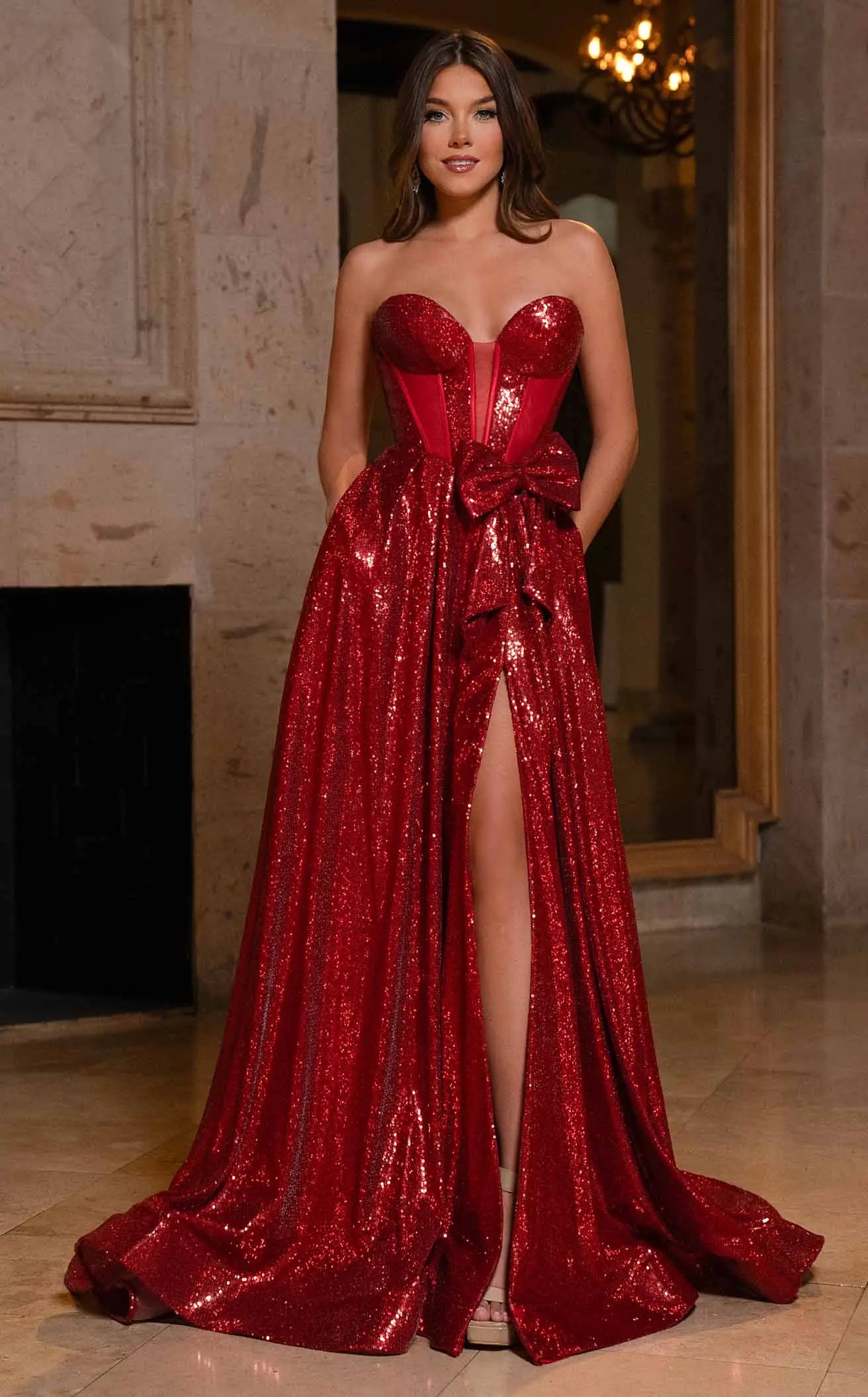 Dazzling A-Line Sweetheart Sparkly High-Slit Ruby Red Floor-Length Prom Gown