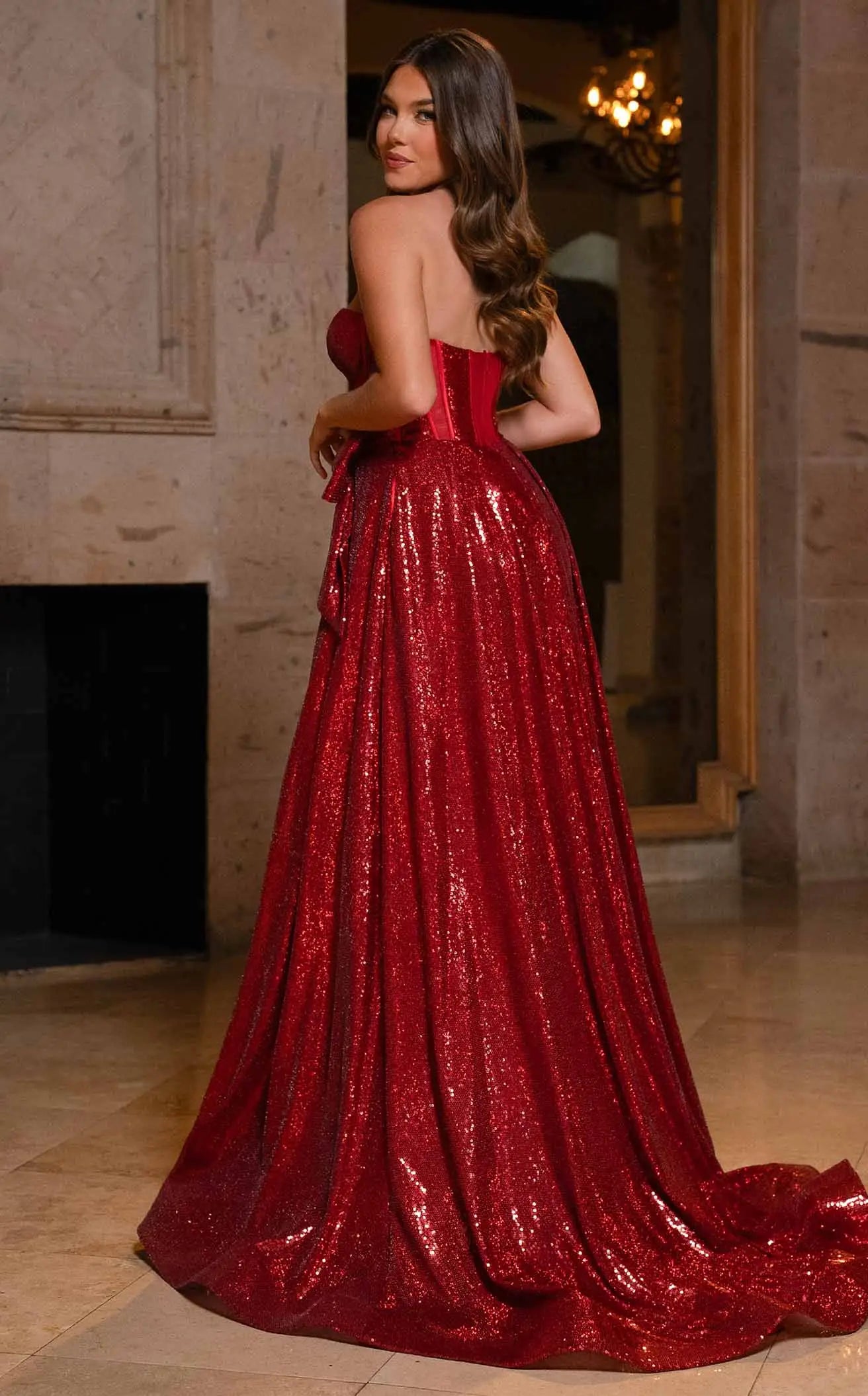 Dazzling A-Line Sweetheart Sparkly High-Slit Ruby Red Floor-Length Prom Gown
