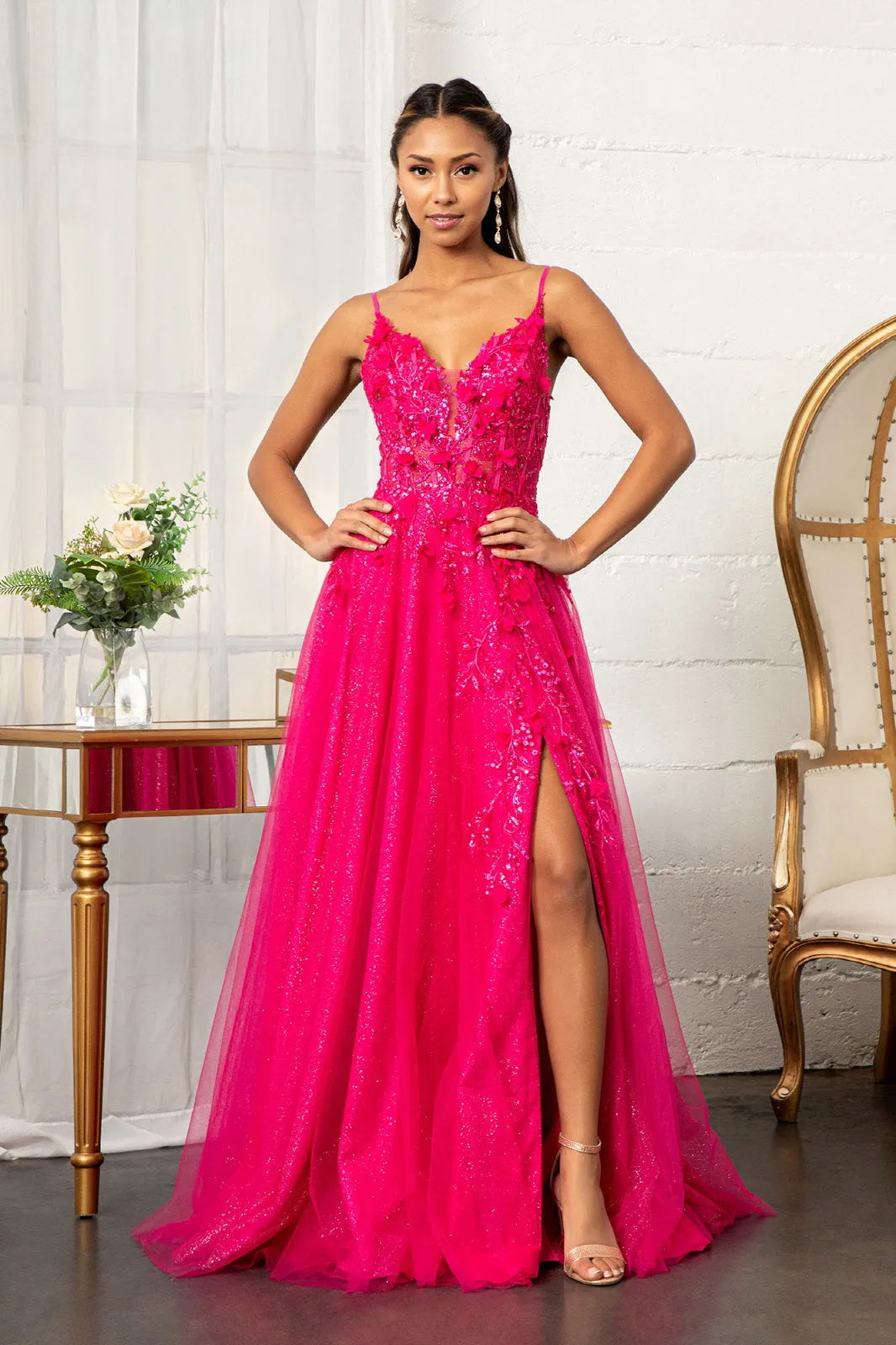 Dazzling A-Line V-Neck Sleeveless Floral Glitter Hot Pink Floor-Length Prom Dress