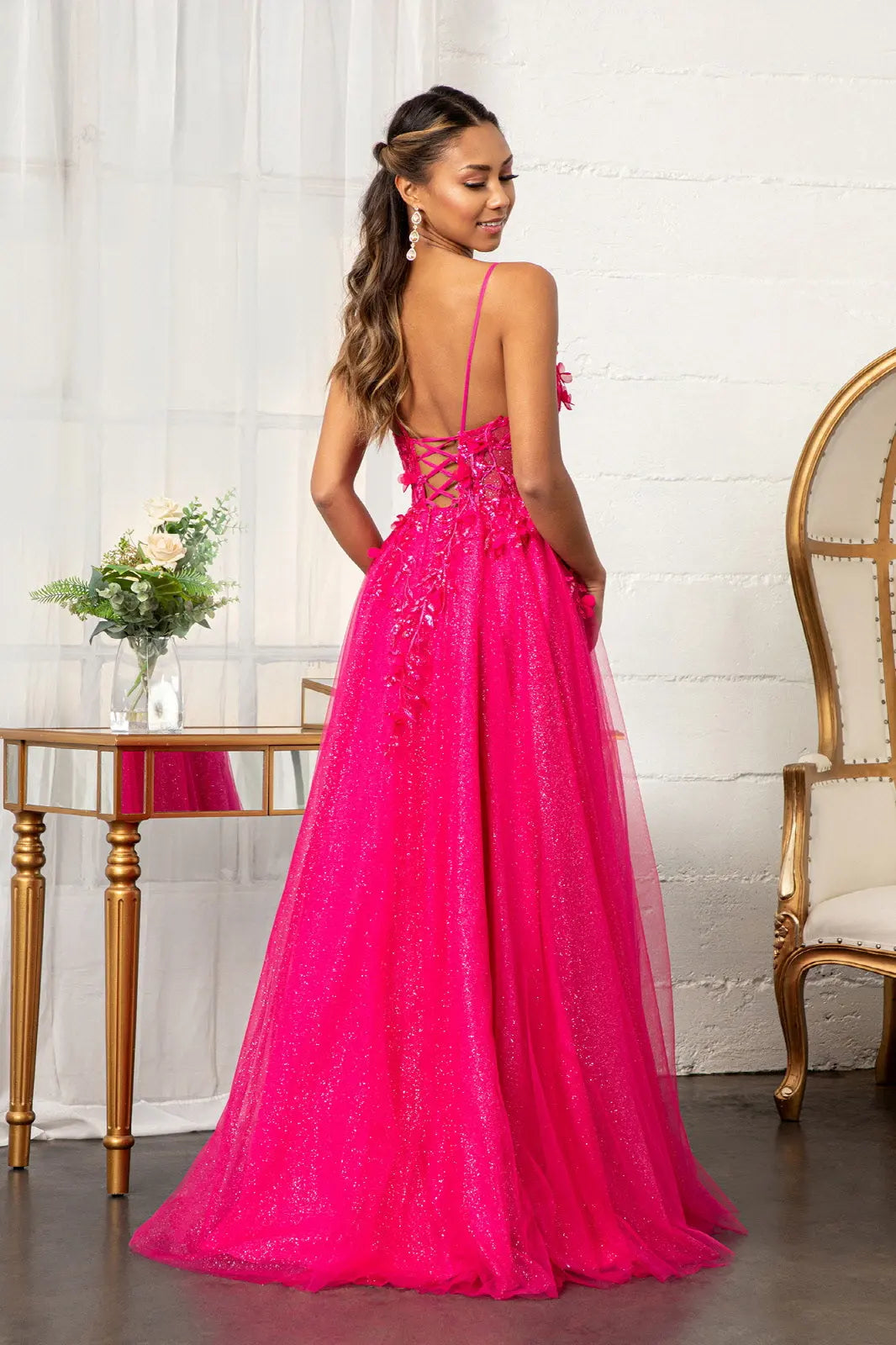 Dazzling A-Line V-Neck Sleeveless Floral Glitter Hot Pink Floor-Length Prom Dress