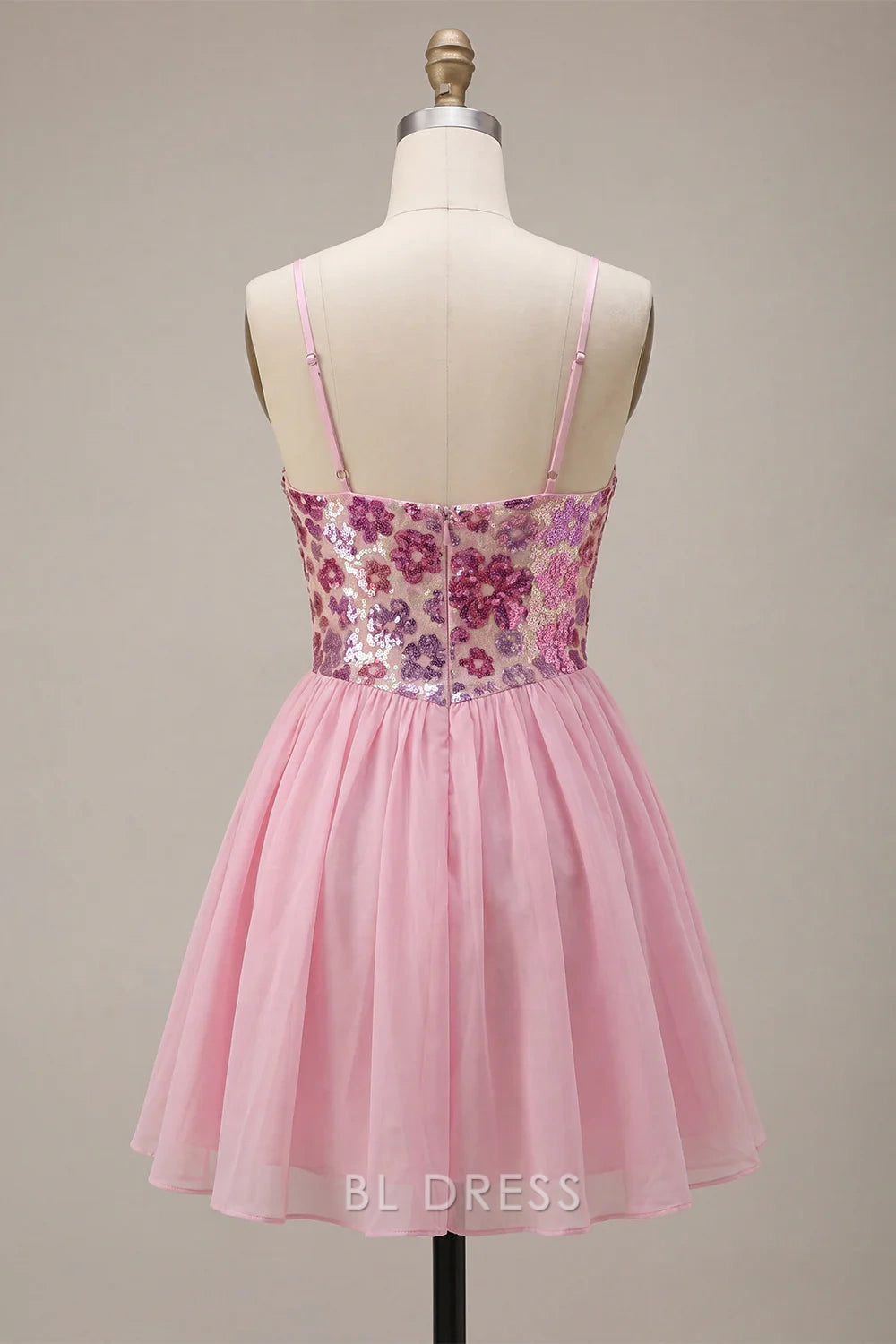 Dazzling A-Line V-Neck Sleeveless Sequin Floral Pink Short Homecoming Dress for Women