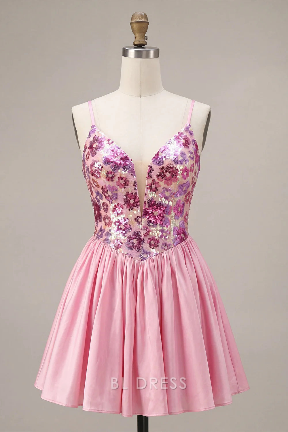 Dazzling A-Line V-Neck Sleeveless Sequin Floral Pink Short Homecoming Dress for Women