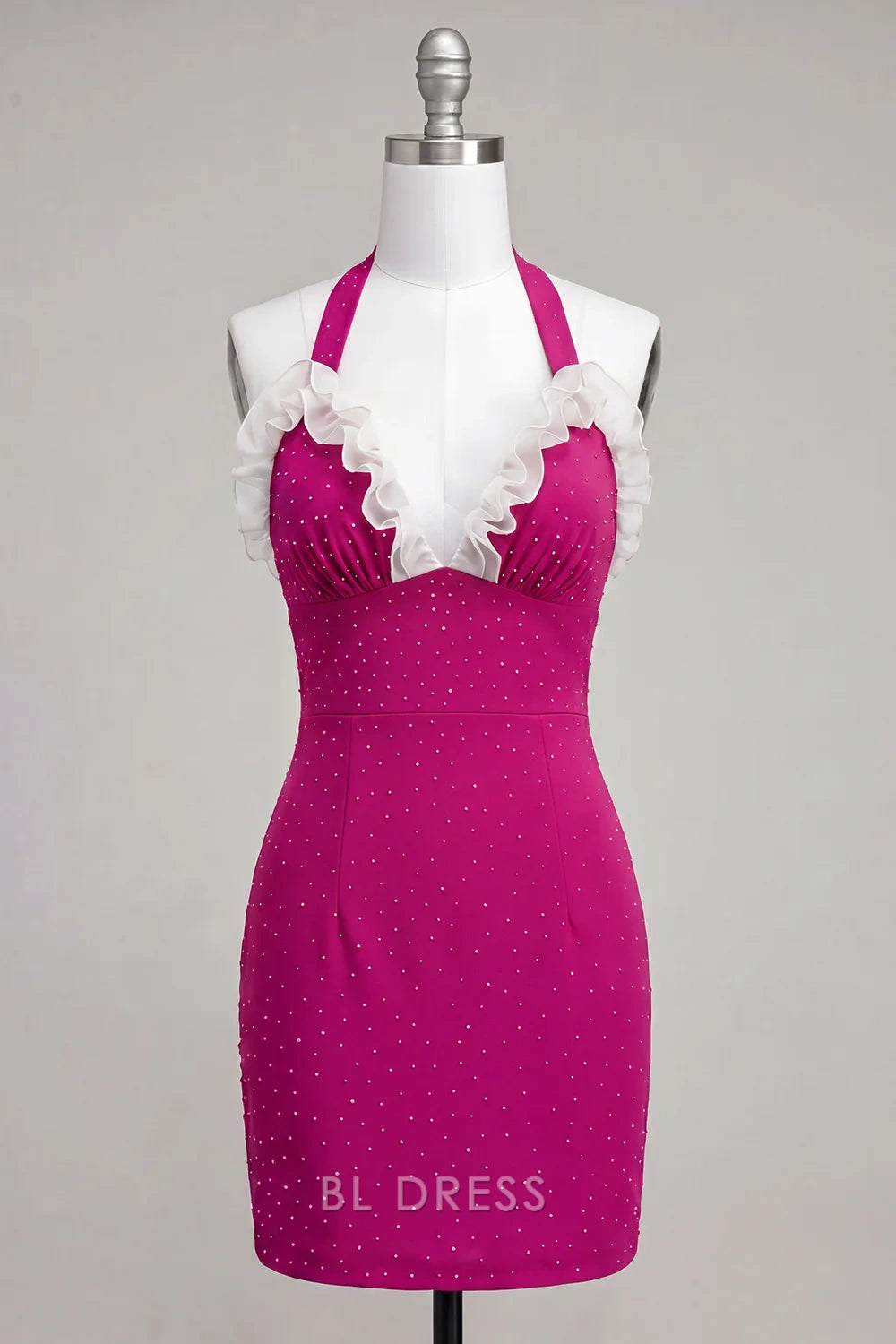 Dazzling Bodycon Halter Sleeveless Ruched Sequined Fuchsia Mini Homecoming Dress Women's Party