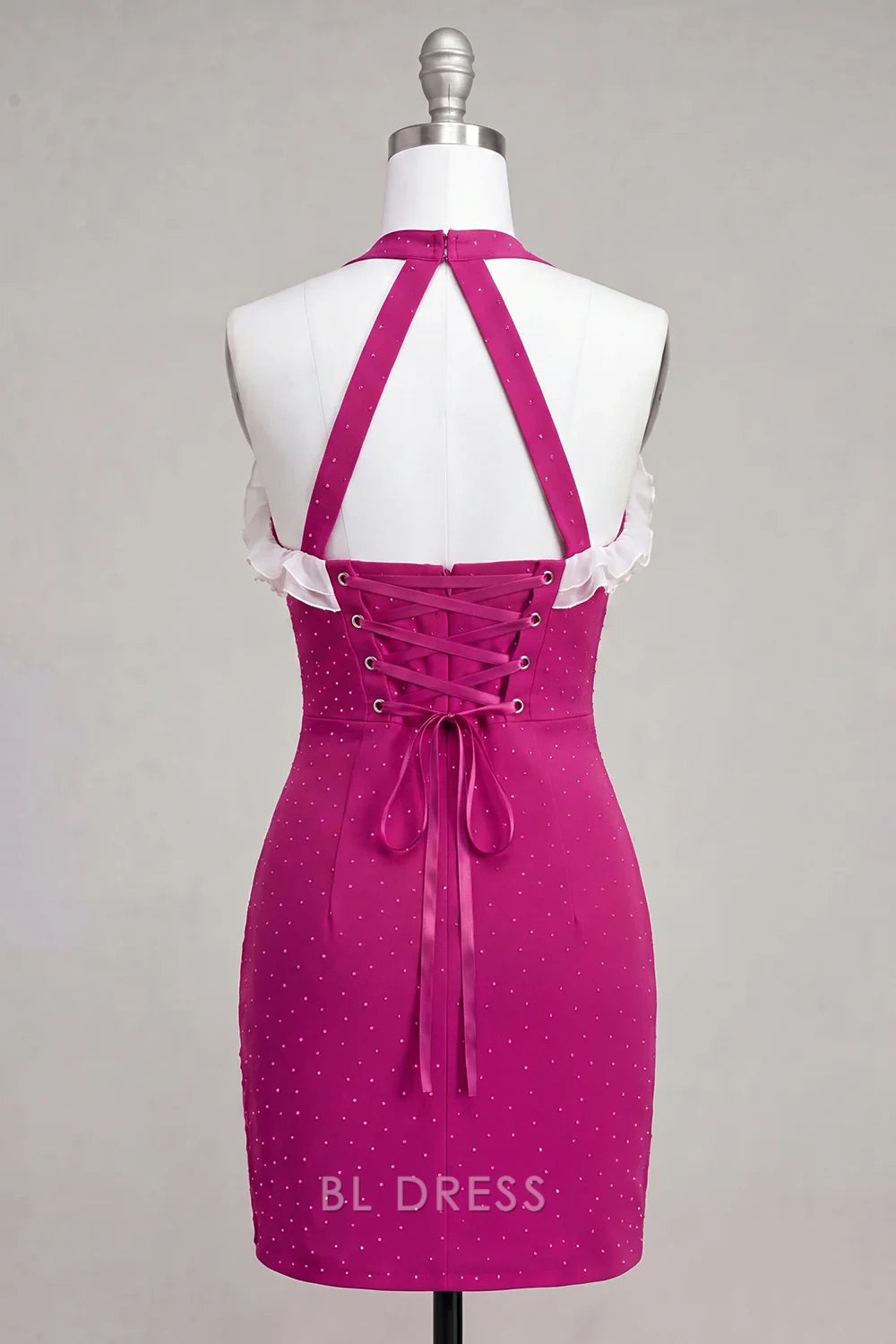 Dazzling Bodycon Halter Sleeveless Ruched Sequined Fuchsia Mini Homecoming Dress Women's Party