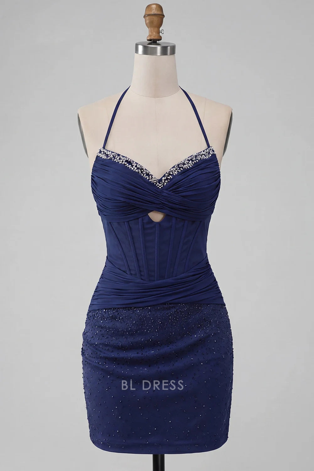 Dazzling Bodycon Halter Sweetheart Sleeveless Beaded Ruched Navy Short Homecoming Dress Women's