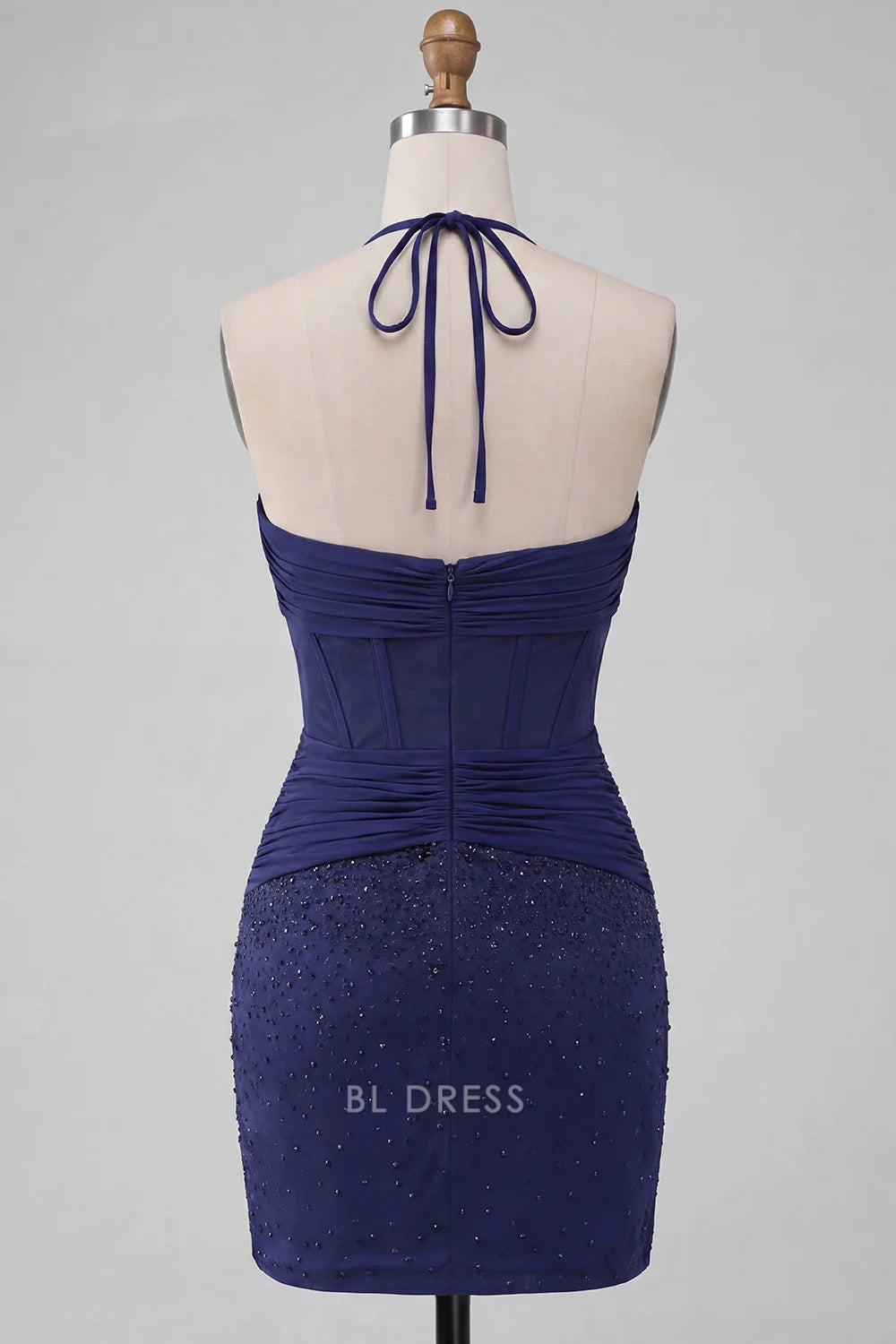 Dazzling Bodycon Halter Sweetheart Sleeveless Beaded Ruched Navy Short Homecoming Dress Women's