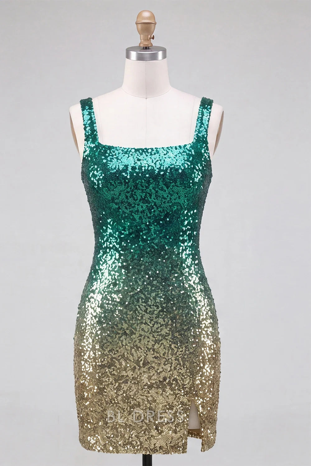Dazzling Bodycon Square Neck Sleeveless Ombre Sequin Green Gold Short Homecoming Dress