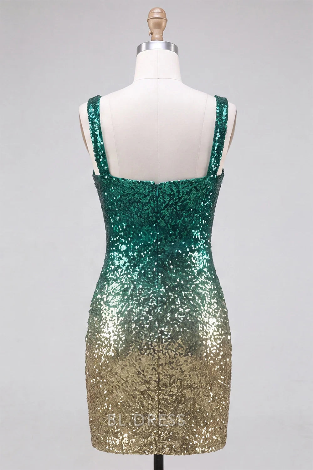 Dazzling Bodycon Square Neck Sleeveless Ombre Sequin Green Gold Short Homecoming Dress