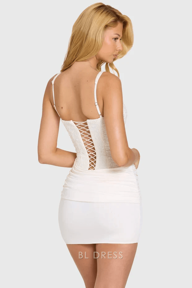 Dazzling Bodycon Square Neck Sleeveless Sequined Ruched Ivory Mini Homecoming Dress