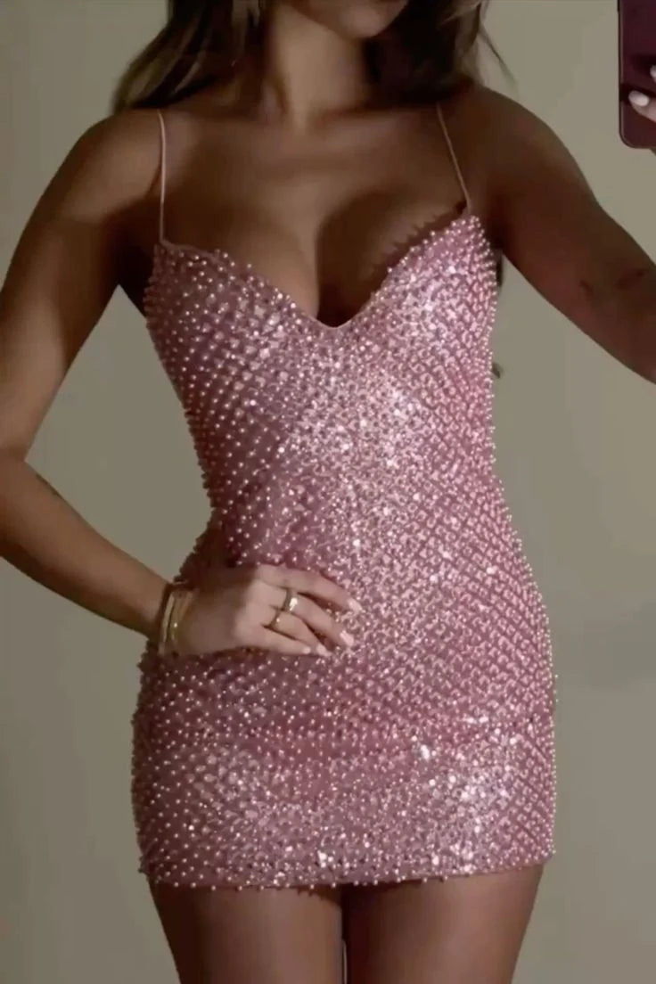 Dazzling Bodycon Sweetheart Sleeveless Beaded Sparkly Pink Mini Homecoming Dresses Women Gown