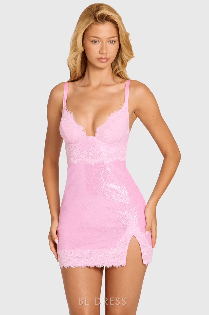 Dazzling Bodycon Sweetheart Sleeveless Sequin Lace Pink Mini Homecoming Dress Women's