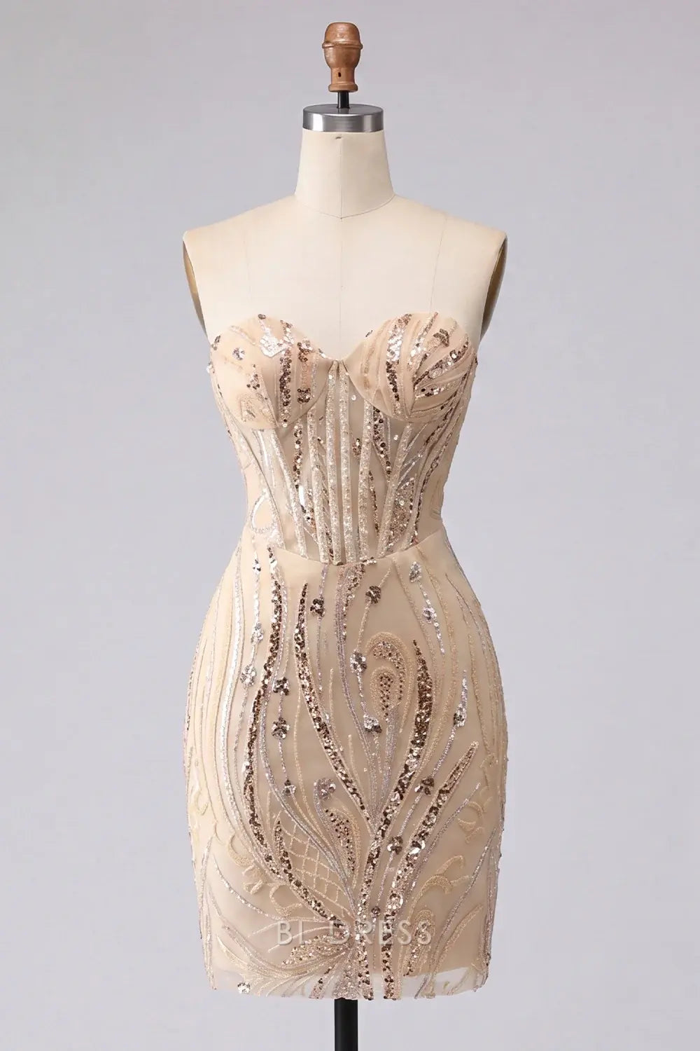 Dazzling Bodycon Sweetheart Strapless Sequin Embellished Champagne Gold Short Homecoming Dress