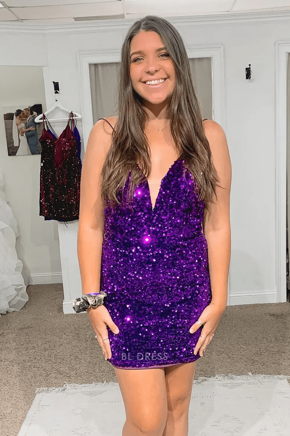 Dazzling Fitted Plunge V-Neck Sleeveless Sequin Strappy Purple Mini Homecoming Dress