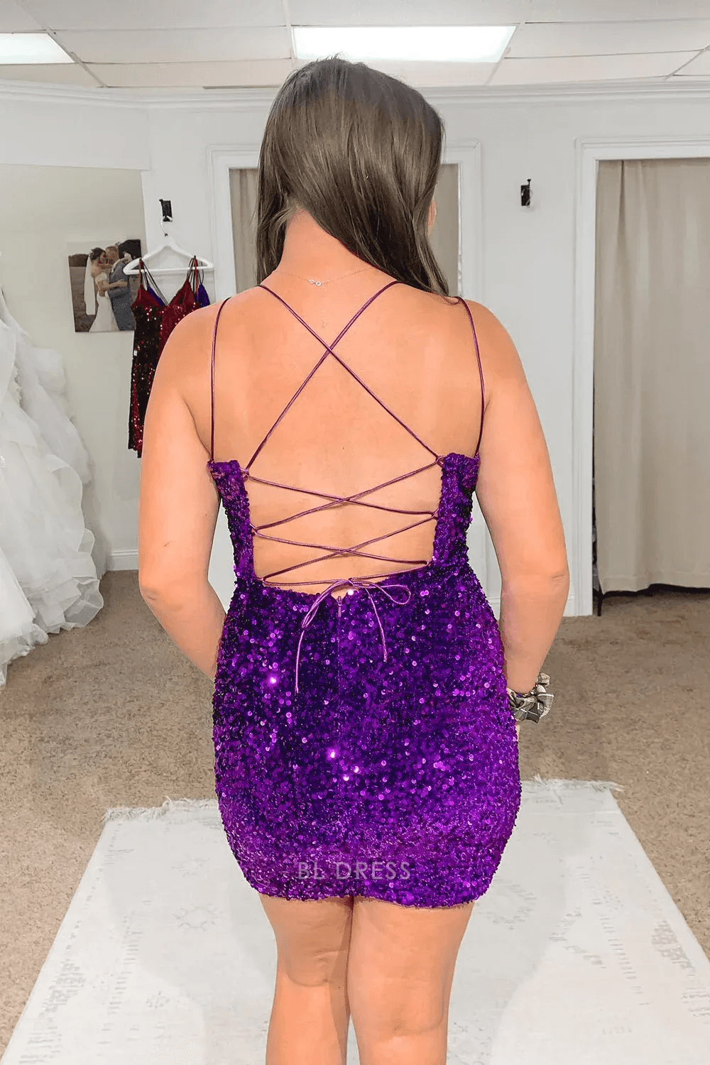 Dazzling Fitted Plunge V-Neck Sleeveless Sequin Strappy Purple Mini Homecoming Dress
