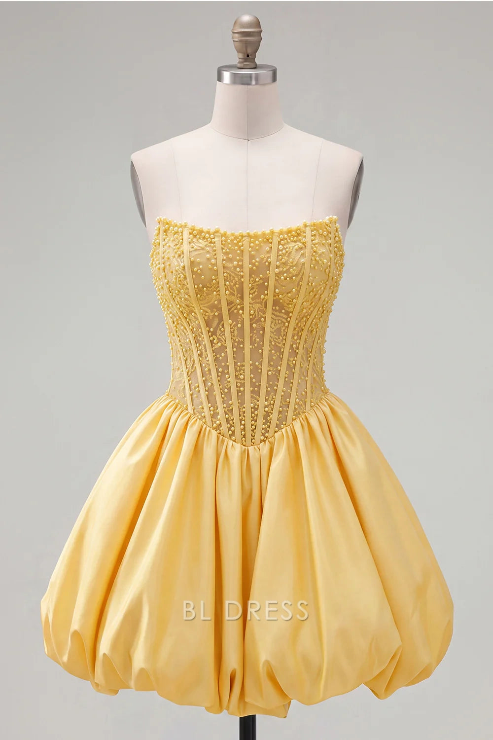 Dazzling Fitted Strapless Sleeveless Beaded Bubble Yellow Short Homecoming Dresses Women's Gown