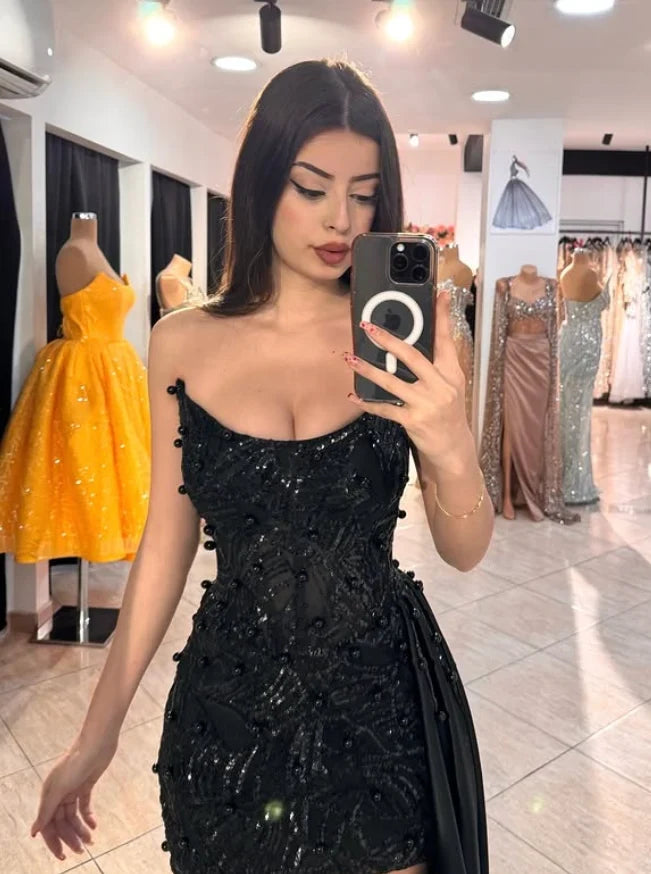 Dazzling Fitted Sweetheart Sleeveless Sequin Detachable Black Short Homecoming Dress