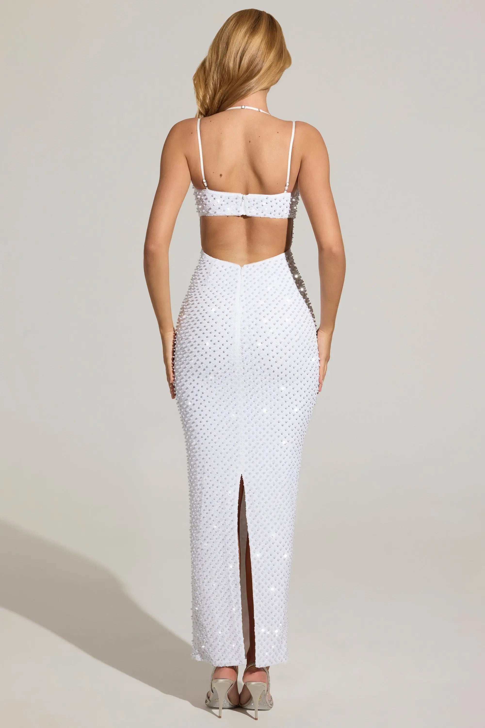 Dazzling Fitted Sweetheart Spaghetti Strap Sequin Backless White Floor-Length Prom Gown