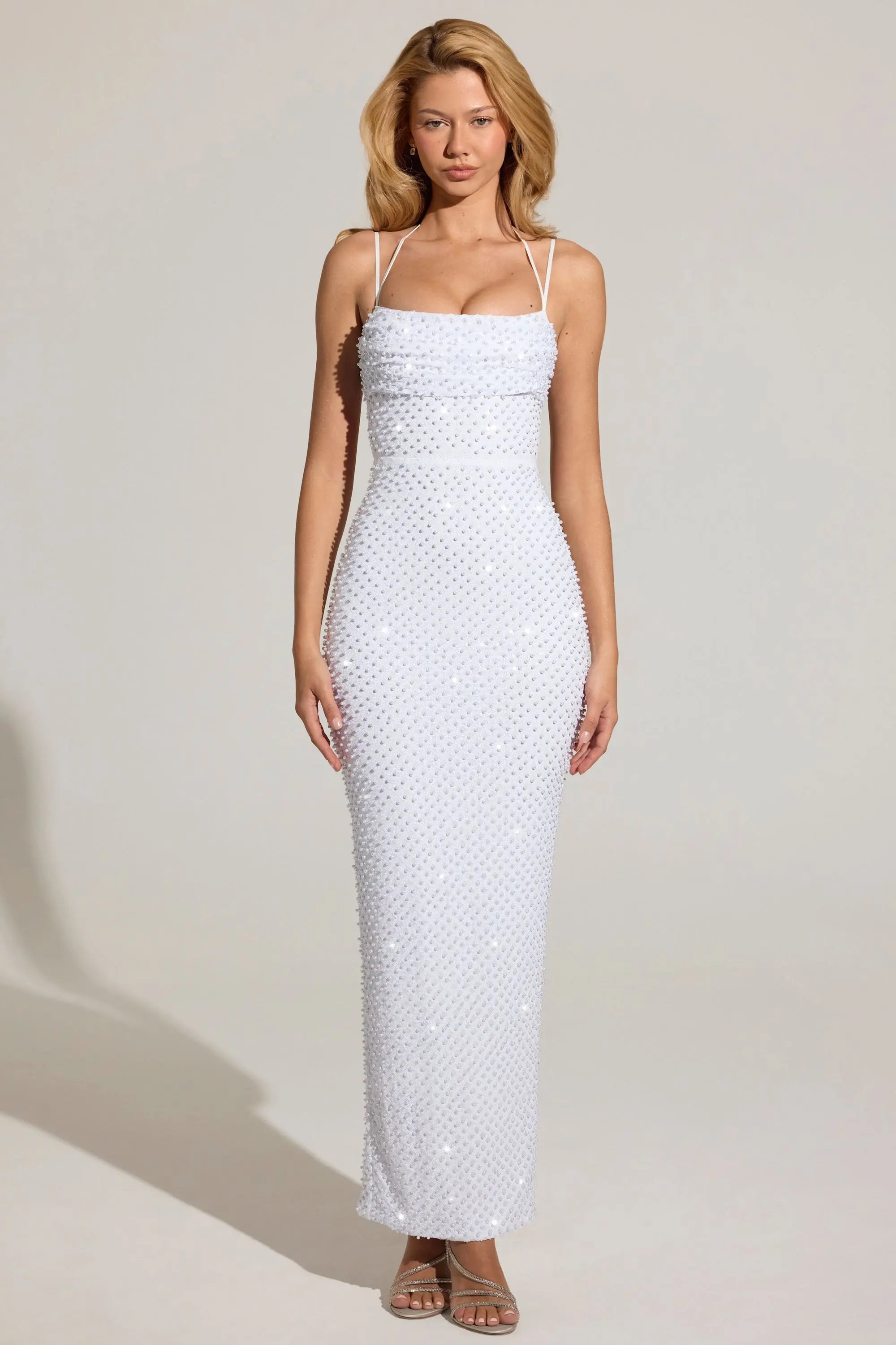 Dazzling Fitted Sweetheart Spaghetti Strap Sequin Backless White Floor-Length Prom Gown
