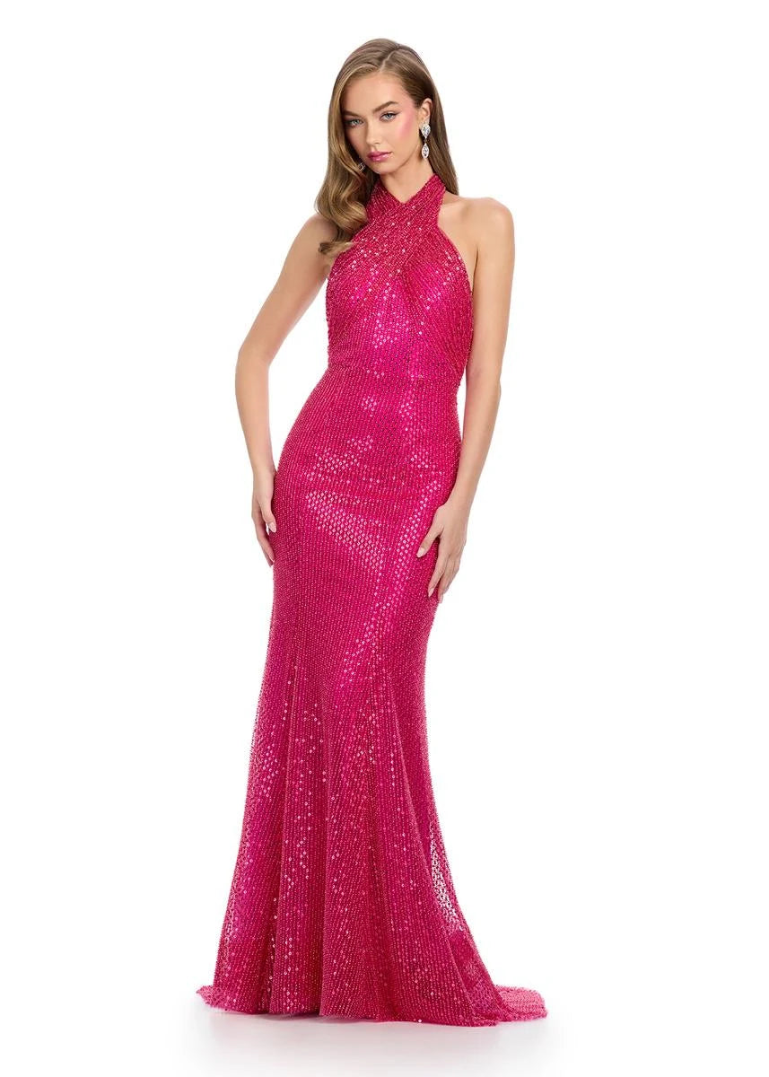 Dazzling Mermaid Halter Sleeveless Sequin Backless Hot Pink Floor-Length Prom Dress