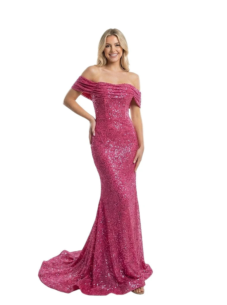 Dazzling Mermaid Off-Shoulder Sequin Glamorous Hot Pink Floor-Length Prom Gown