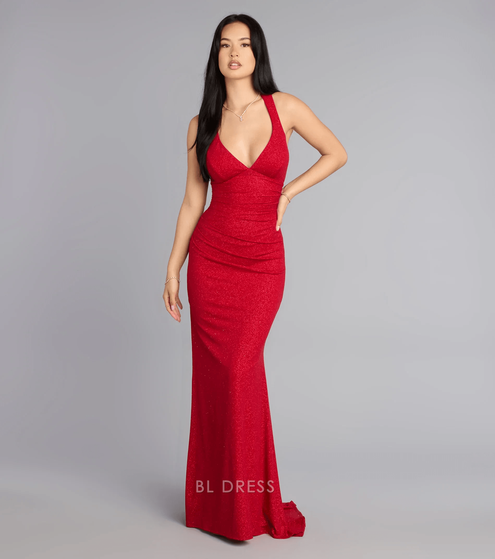 Dazzling Mermaid Plunge V-Neck Sleeveless Glitter High Slit Red Floor-Length Prom Dress