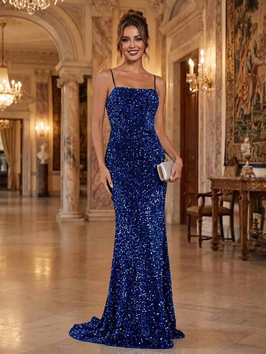 Dazzling Mermaid Square Neck Sleeveless Sequin Backless Royal Blue Floor-Length Prom Dress