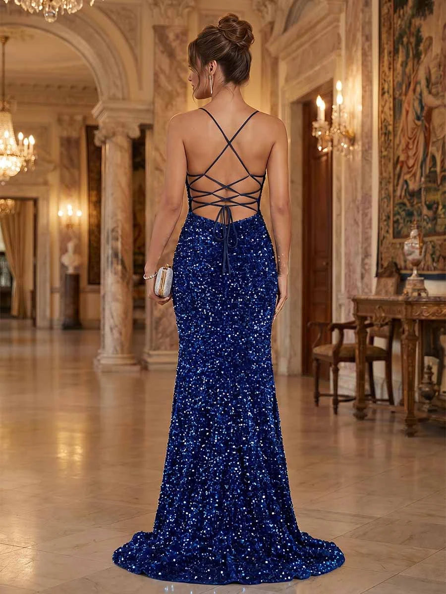 Dazzling Mermaid Square Neck Sleeveless Sequin Backless Royal Blue Floor-Length Prom Dress