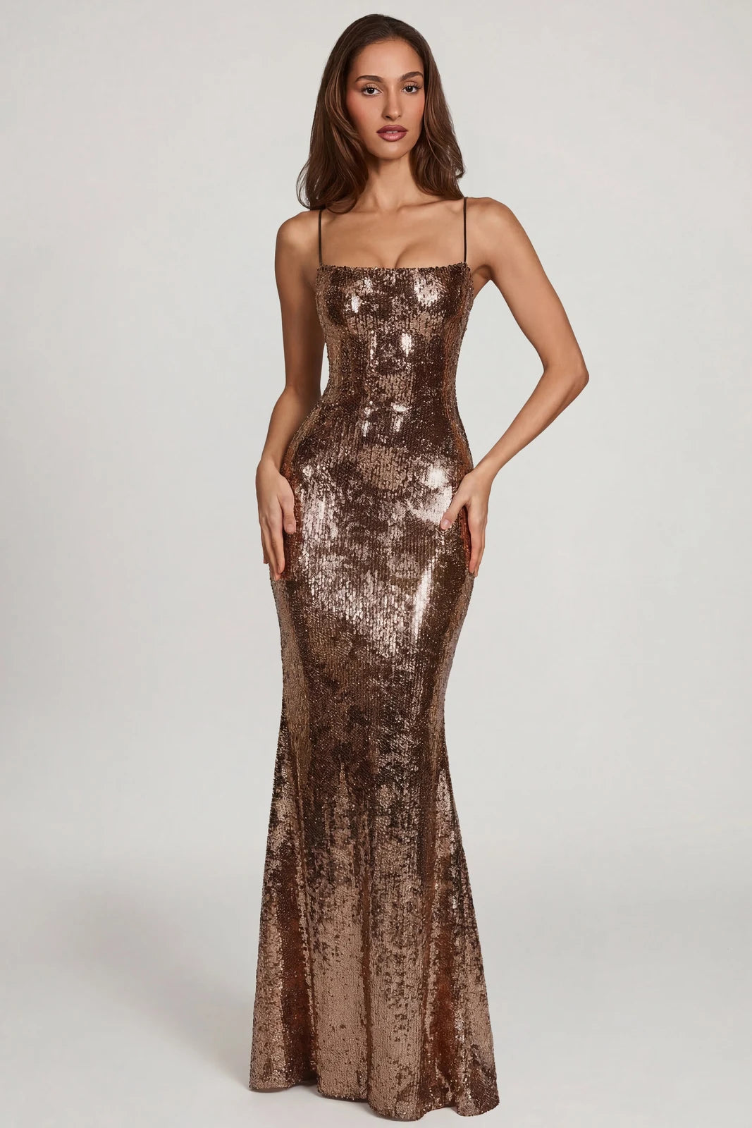 Dazzling Mermaid Square Neck Sleeveless Sparkly Bronze Floor-Length Prom Gown