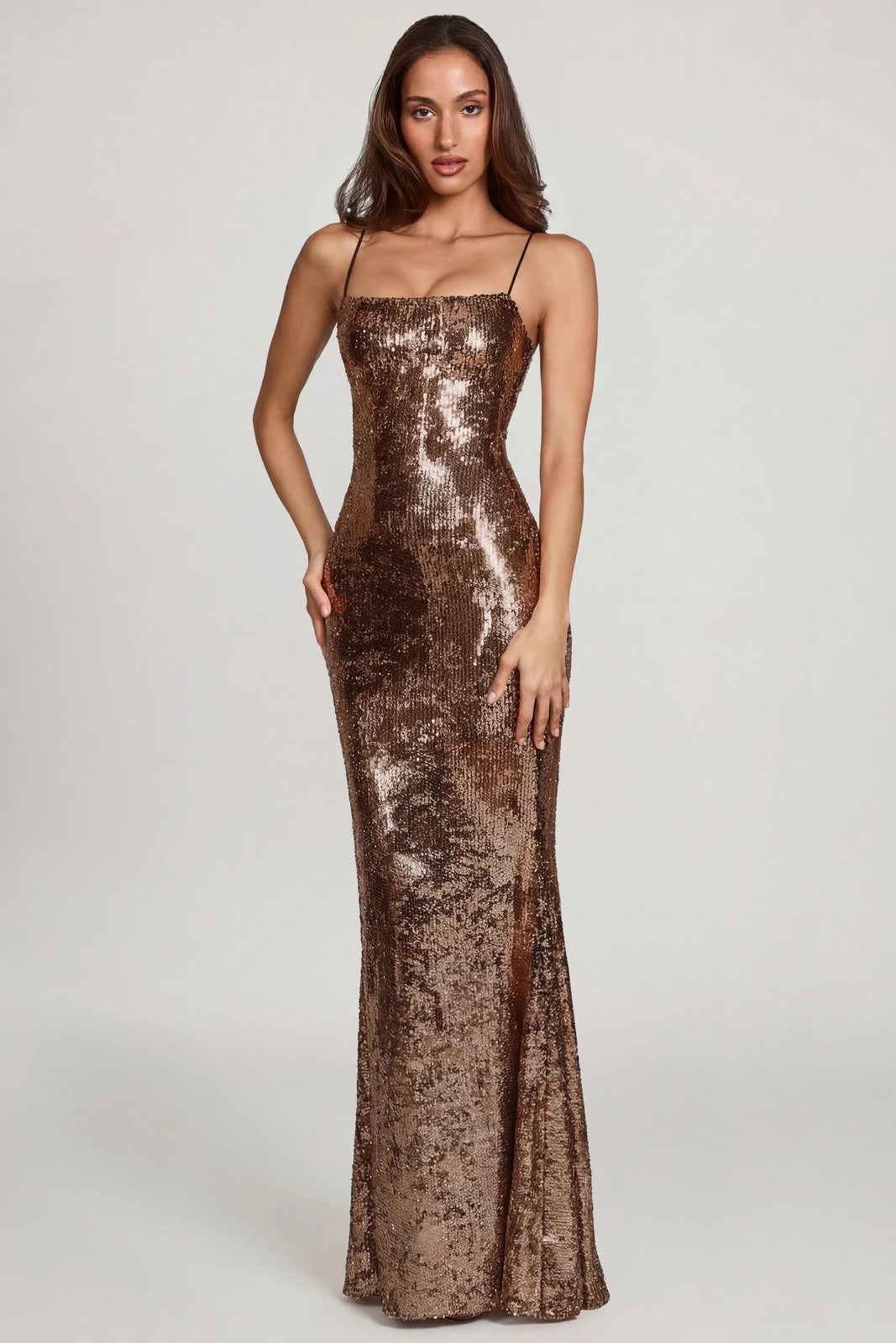 Dazzling Mermaid Square Neck Sleeveless Sparkly Bronze Floor-Length Prom Gown