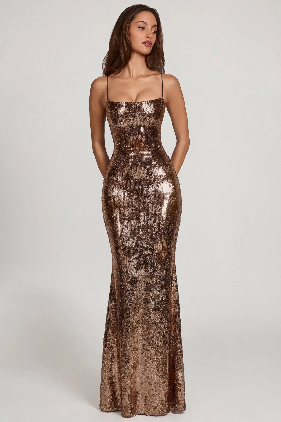 Dazzling Mermaid Square Neck Sleeveless Sparkly Bronze Floor-Length Prom Gown