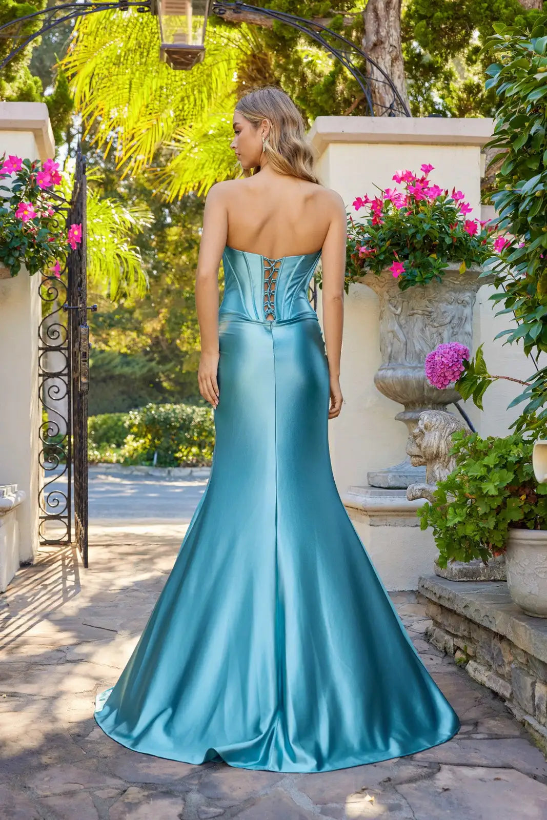 Dazzling Mermaid Strapless Embellished High Slit Teal Blue Floor-Length Prom Dresses Women's Gown