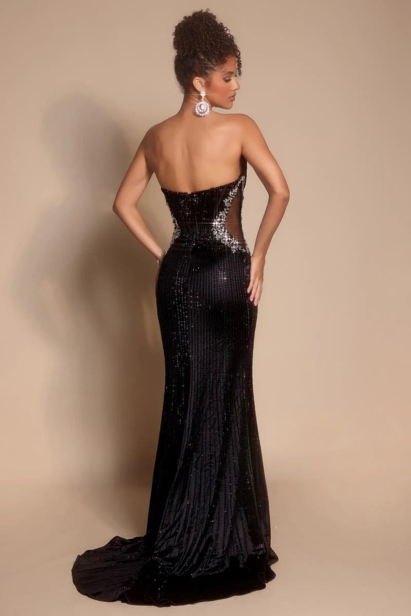 Dazzling Mermaid Strapless Sleeveless Sequin High Slit Black Floor-Length Prom Dress
