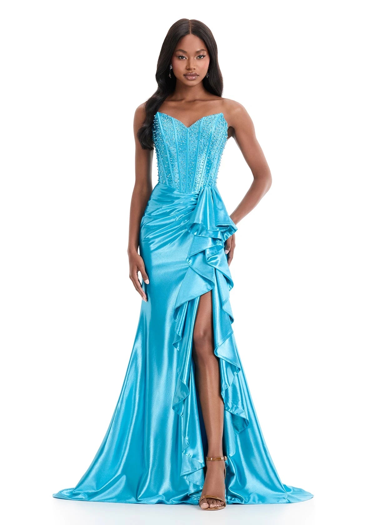 Dazzling Mermaid Sweetheart Sleeveless Beaded Ruffled Teal Floor-Length Prom Gown