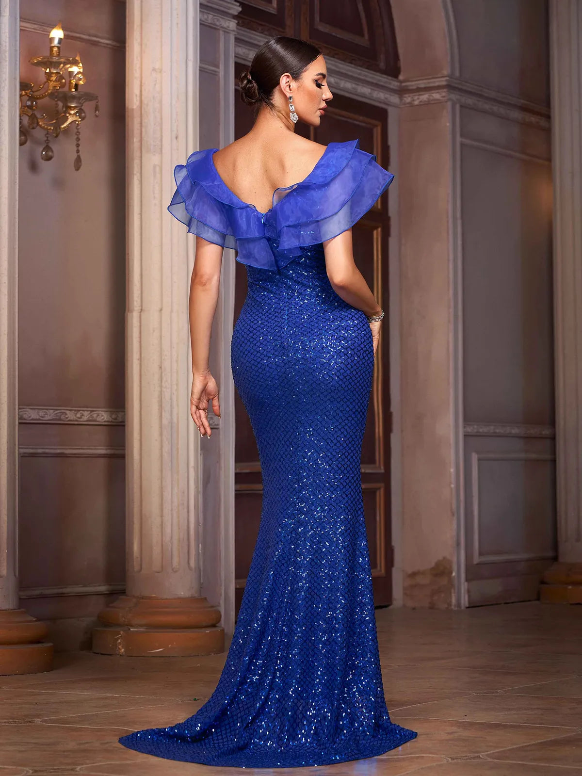 Dazzling Mermaid V-Neck Sleeveless Sequin Ruffled Royal Blue Floor-Length Prom Dress