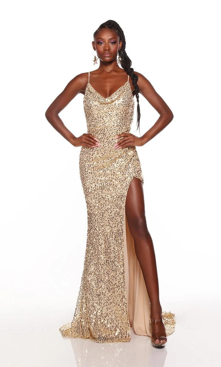 Dazzling Sheath Cowl Neck Sleeveless Sparkling Gold Floor-Length Prom Gown