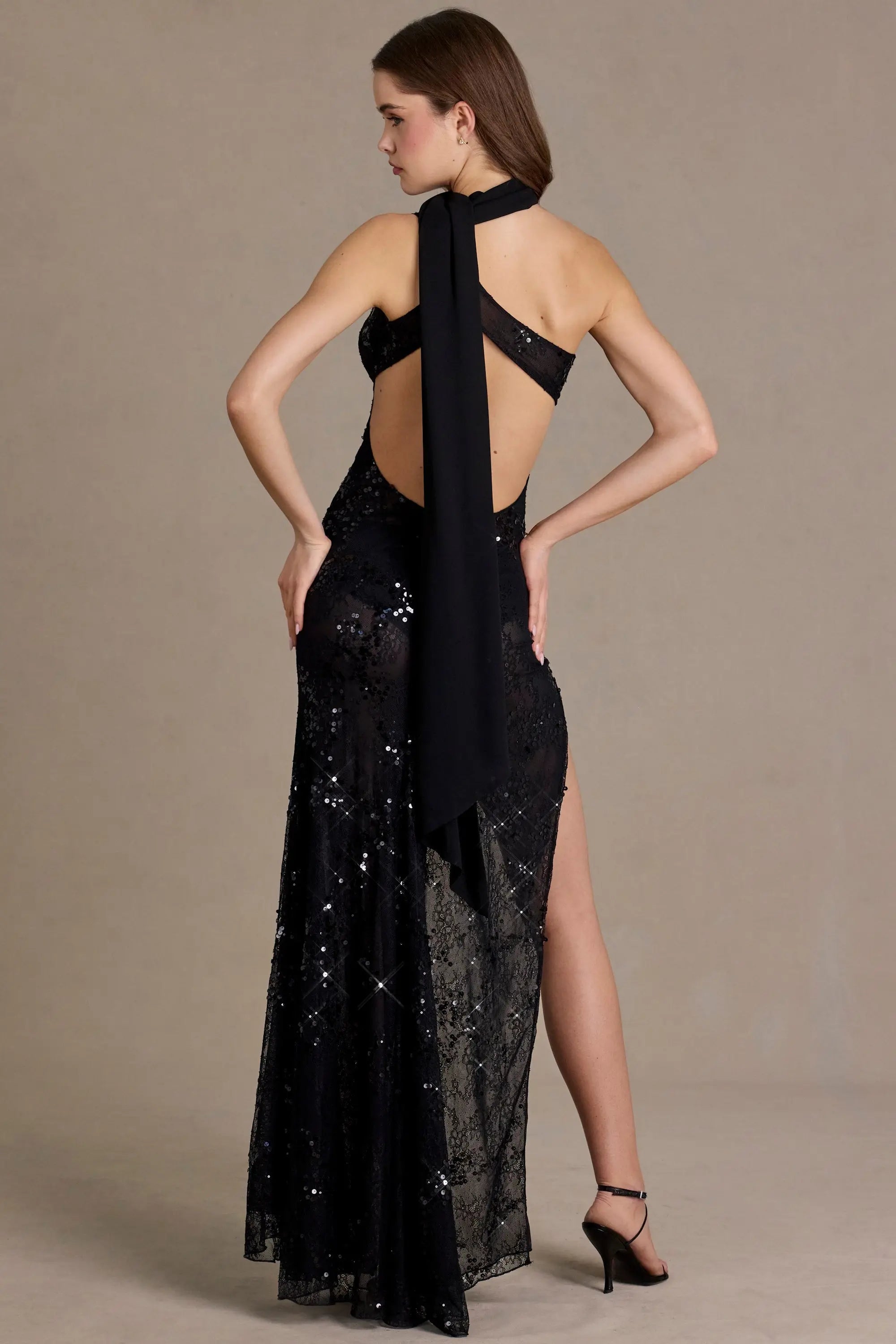 Dazzling Sheath One-Shoulder Sleeveless Sequin Slit Black Floor-Length Prom Dresses Women's Gown