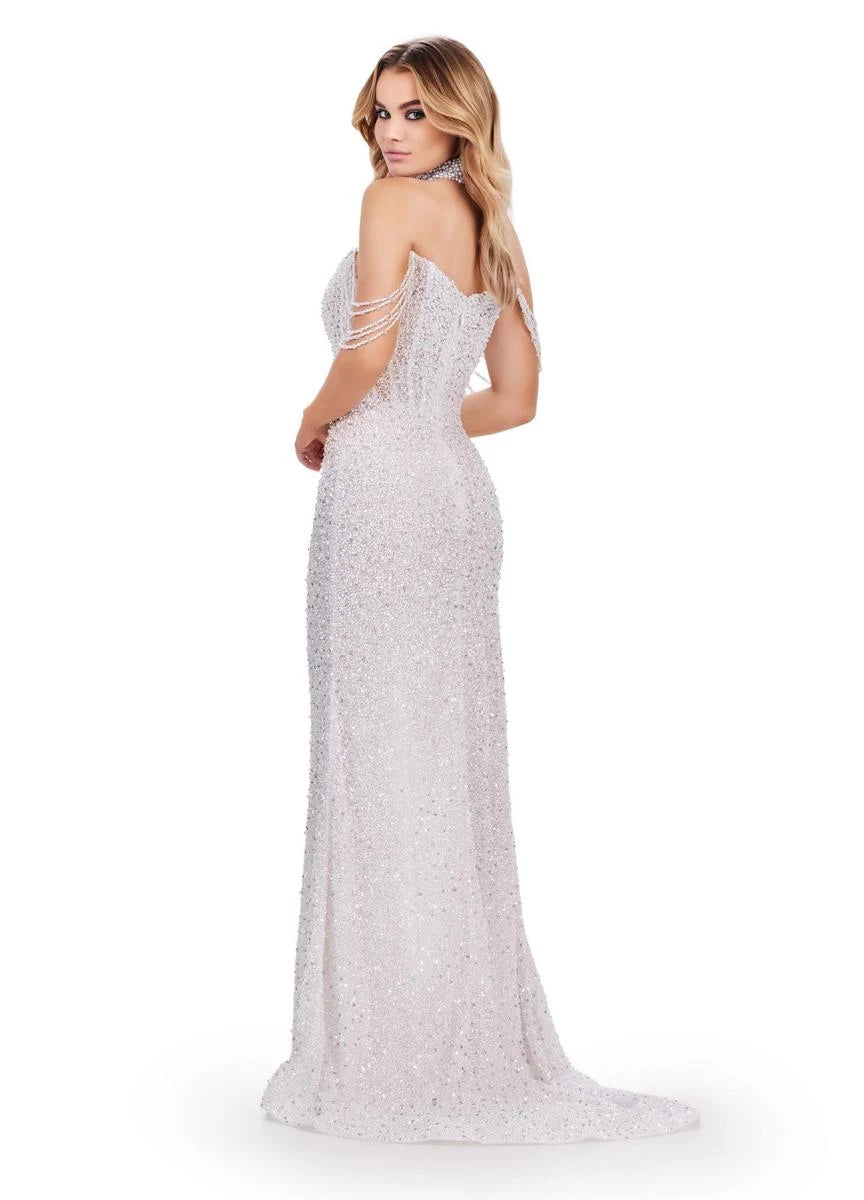 Dazzling Sheath Strapless Beaded High Slit Silver Floor-Length Prom Gown