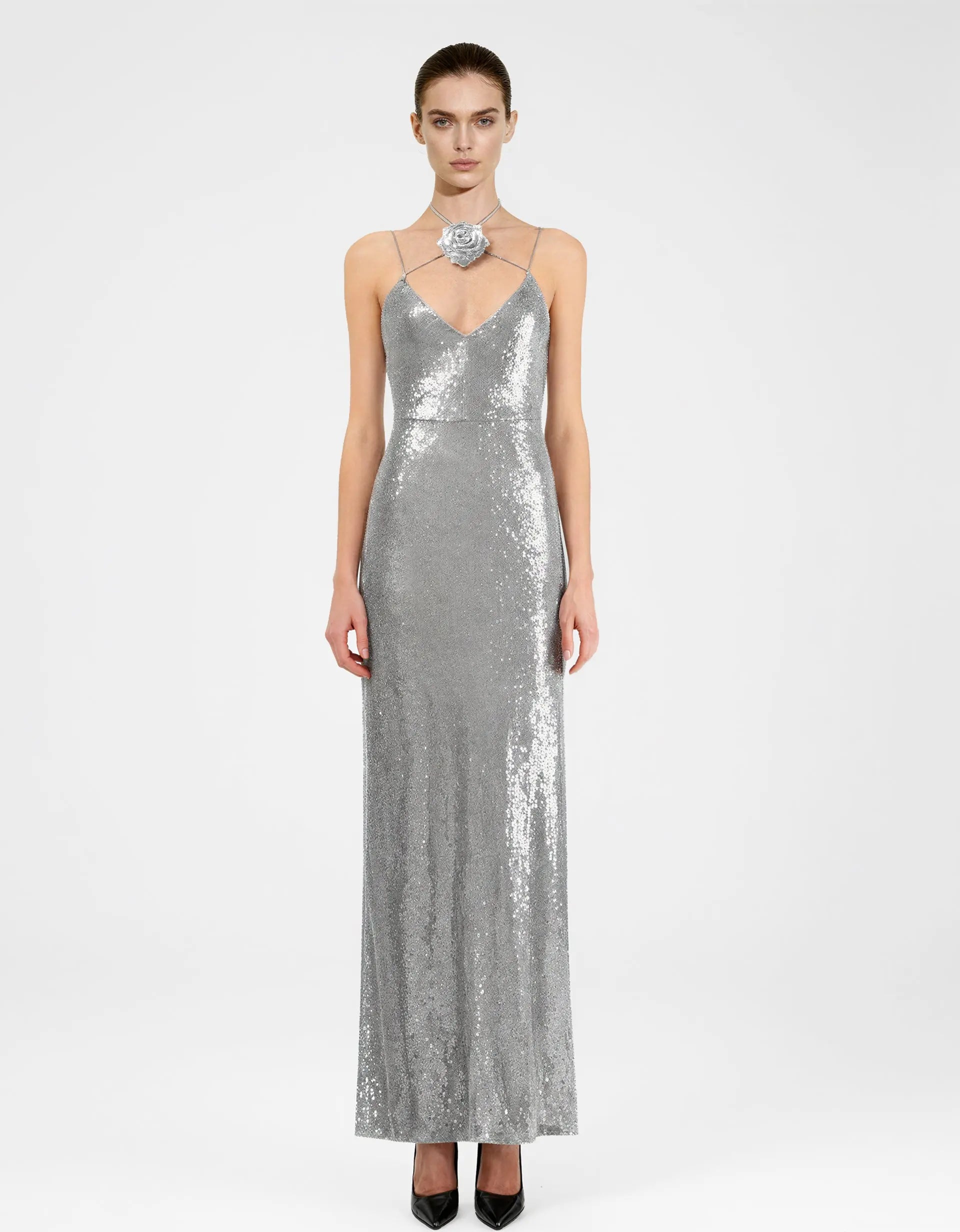 Dazzling Sheath V-Neck Sleeveless Sparkly Backless Silver Floor-Length Prom Dresses Women's Gown