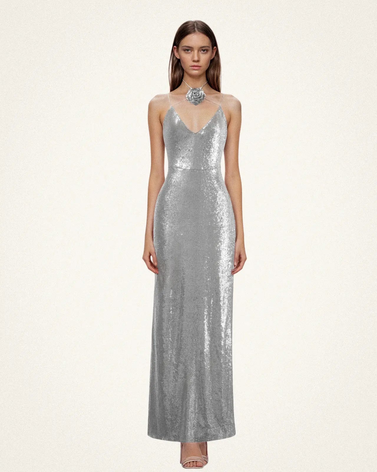 Dazzling Sheath V-Neck Sleeveless Sparkly Backless Silver Floor-Length Prom Dresses Women's Gown