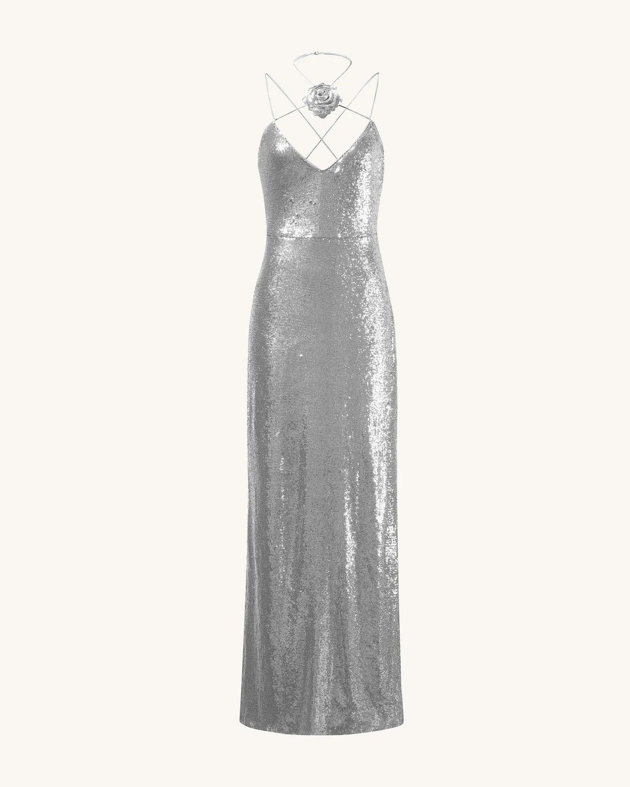 Dazzling Sheath V-Neck Sleeveless Sparkly Backless Silver Floor-Length Prom Dresses Women's Gown