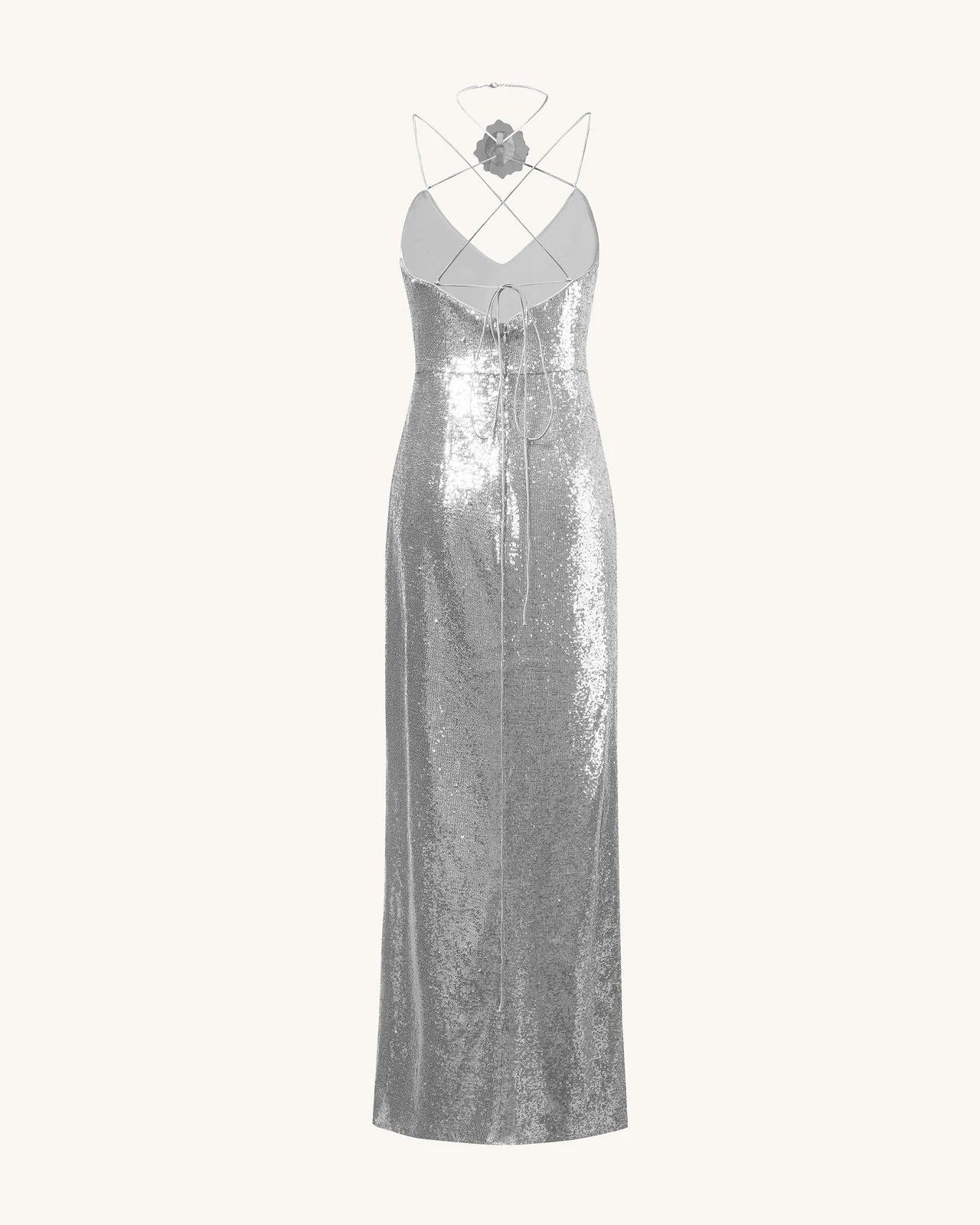 Dazzling Sheath V-Neck Sleeveless Sparkly Backless Silver Floor-Length Prom Dresses Women's Gown