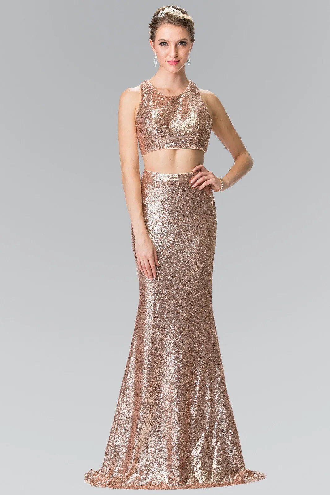 Dazzling Two-Piece High Neck Sleeveless Sequin Rose Gold Floor-Length Mermaid Prom Dress