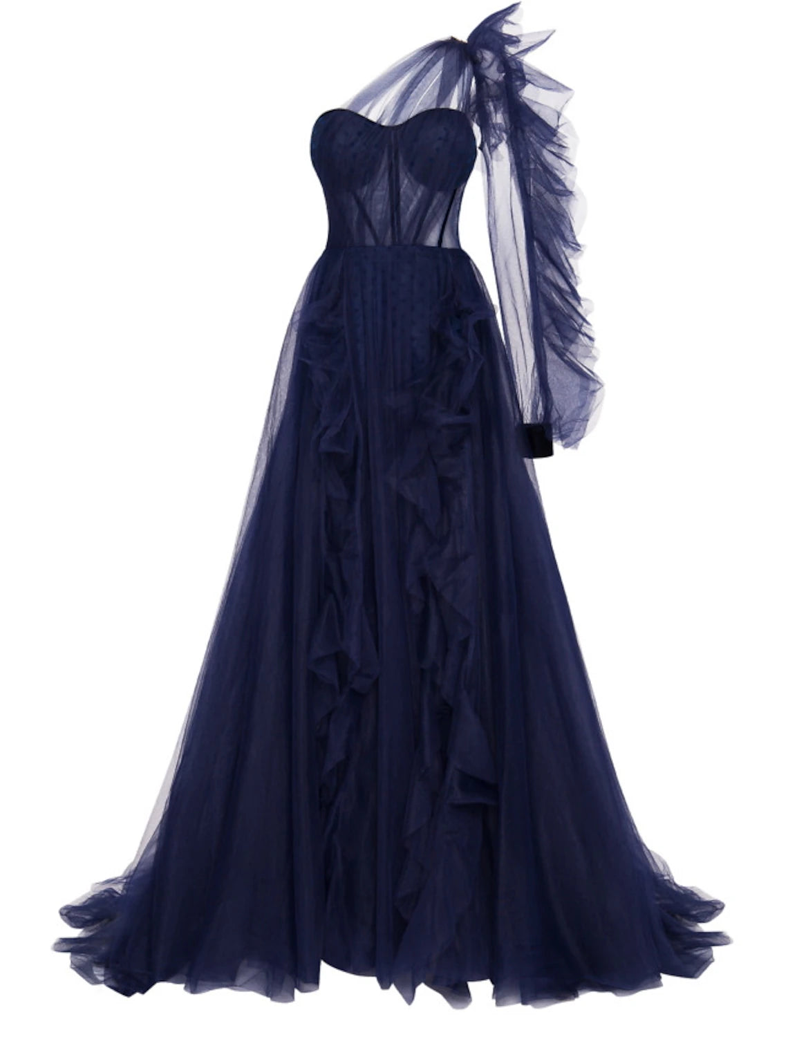 Dramatic A-line one-shoulder long sleeve tulle evening gown with ruffles and slit.