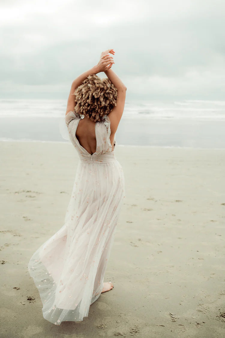 Dreamy A Line Plunge V Neck Flutter Sleeve Embellished Tulle Maxi Prom Dress with Open Back for Formal Events