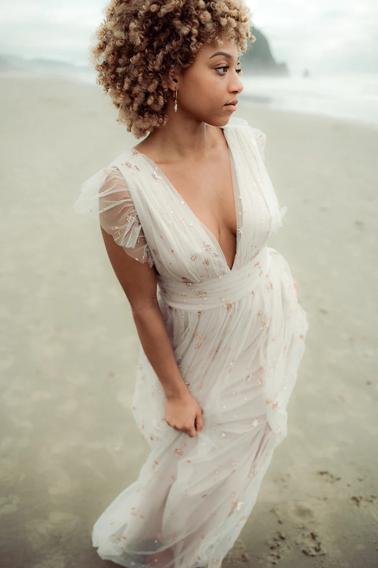 Dreamy A Line Plunge V Neck Flutter Sleeve Embellished Tulle Maxi Prom Dress with Open Back for Formal Events