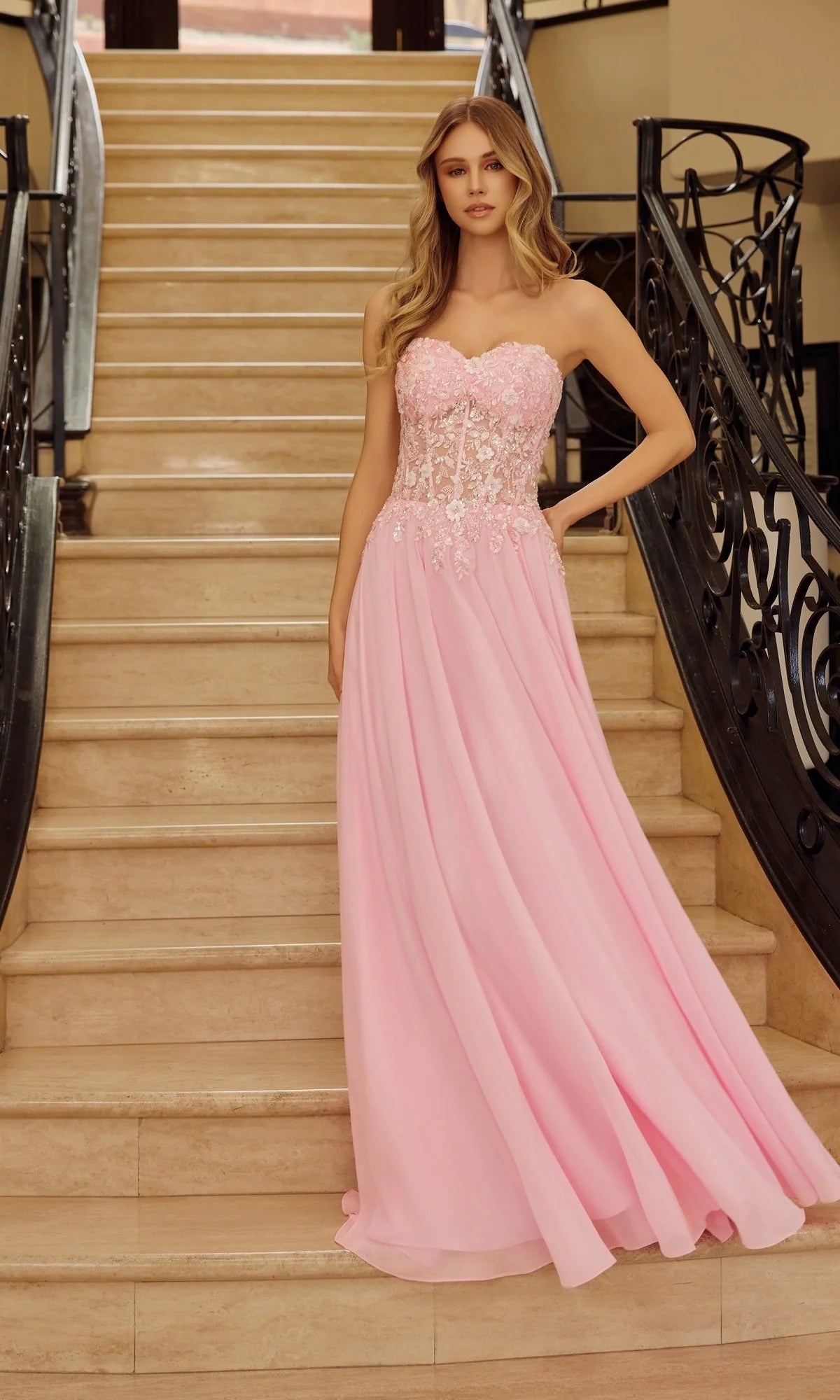 Dreamy A Line Strapless Sweetheart Corset Lace Up Floral Embroidered Chiffon Maxi Prom Dress for Formal Events