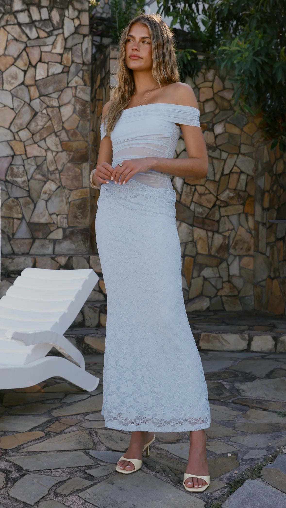 Dreamy Off-Shoulder Mesh Ruched Lace Mermaid Maxi Prom Dress