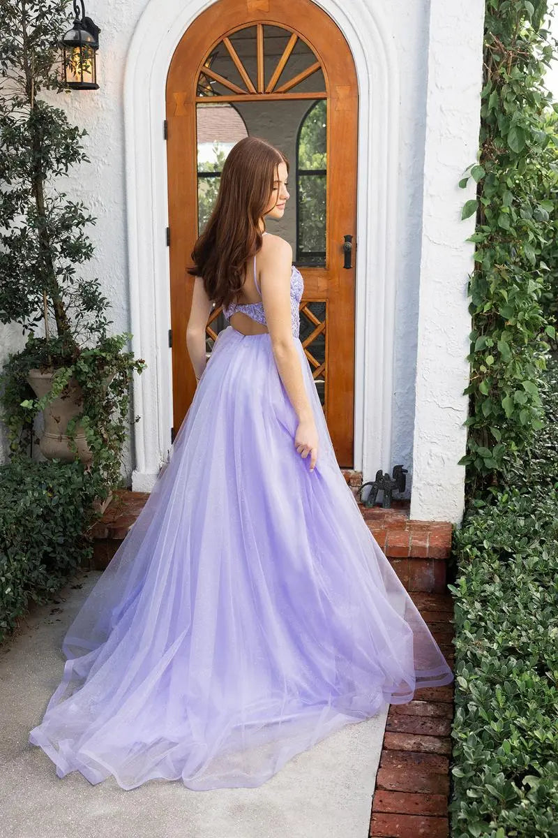 Dreamy A-Line Sweetheart Sleeveless Corset Glitter Lavender Floor-Length Prom Gown